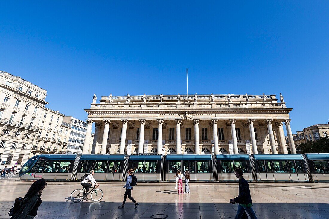 France, Gironde, Bordeaux, area classified as World Heritage by UNESCO, the Golden Triangle, Quinconces district, Place de la Comédie, TBM network tram in front of the Grand-Théâtre, built by architect Victor Louis from 1773 to 178