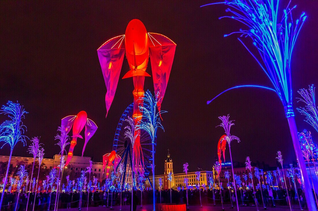 Frankreich, Rhone, Lyon, historische Stätte, die von der UNESCO zum Weltkulturerbe erklärt wurde, Place Bellecour (Bellecour-Platz) während der Fete des Lumieres (Lichterfest), Show Prairie ephemere von TILT und Porte par le Vent