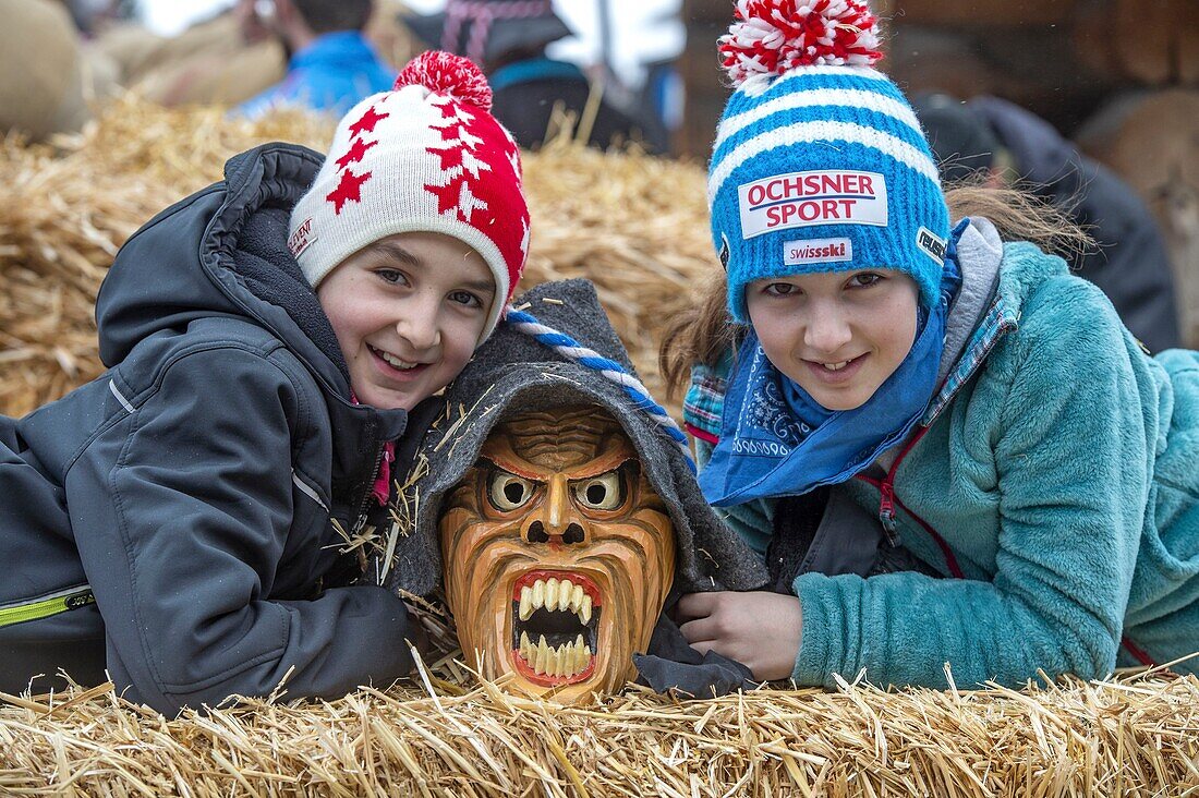 Switzerland, Valais, Evolene valley, Evolene, Carnaval with the Empailles and the Peluches who come from Pagan rites and go around the villages to frighten the bad spirits of winter