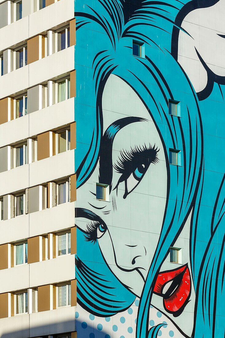 France, Paris, street art, mural called Turncoat by DFace on the facade of an apartment building in Boulevard Vincent Auriol