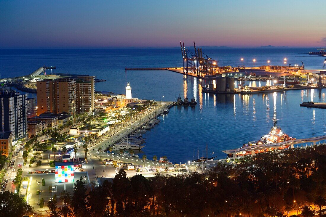 Spain, Andalusia, Costa del Sol, Malaga, the harbour, the waterfront on the port, The Pompidou Art Centre the Cube by Daniel Buren