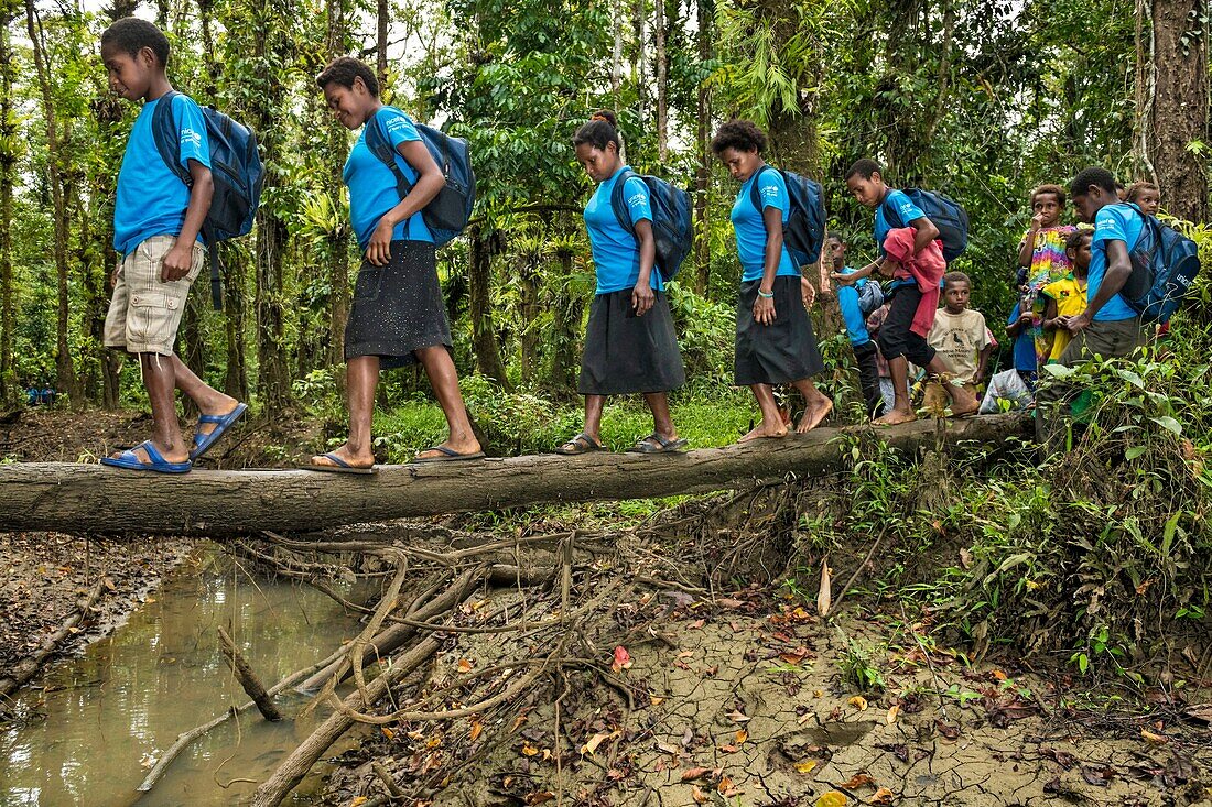 Papua-Neuguinea, Südliche Hochlandprovinz, Lake Kutubu, Menschen tragen UNICEF-Kits für Familienhygiene und -würde