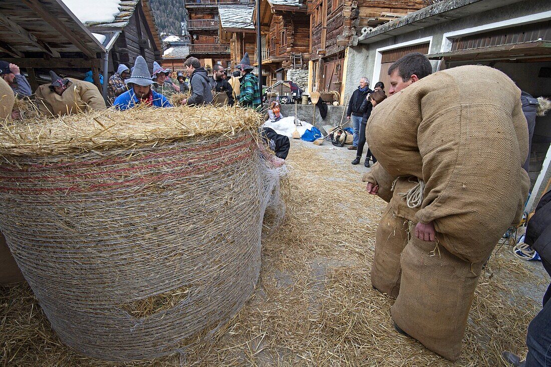 Switzerland, Valais, Evolene valley, Evolene, Carnaval with the Empailles and the Peluches who come from Pagan rites and go around the villages to frighten the bad spirits of winter