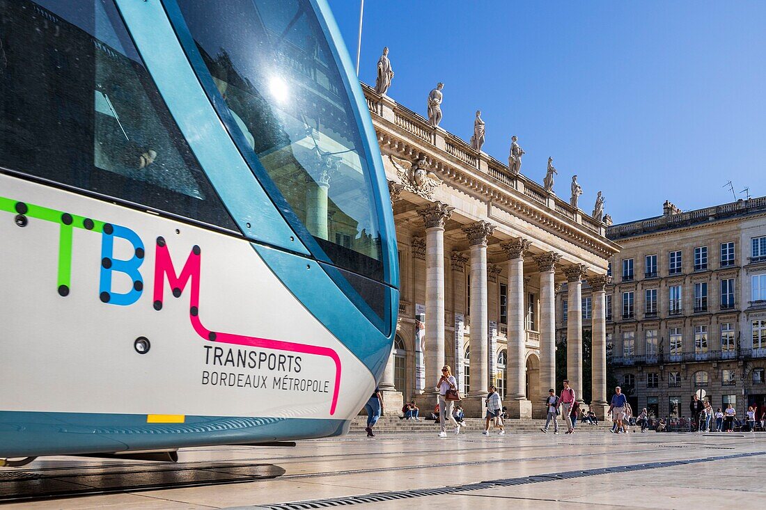 France, Gironde, Bordeaux, area classified as World Heritage by UNESCO, the Golden Triangle, Quinconces district, Place de la Comédie, TBM network tram in front of the Grand-Théâtre, built by architect Victor Louis from 1773 to 178