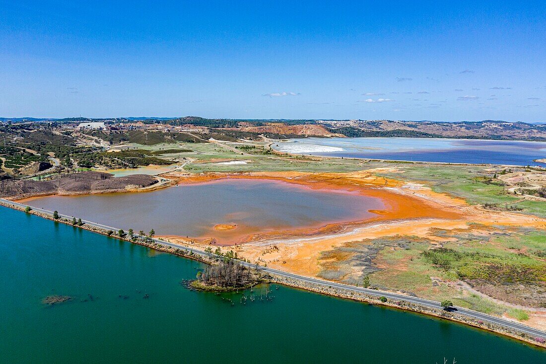 Spain, Andalucia, province of Huelva, embalse de Gossán from a drone machine, Rio Tinto