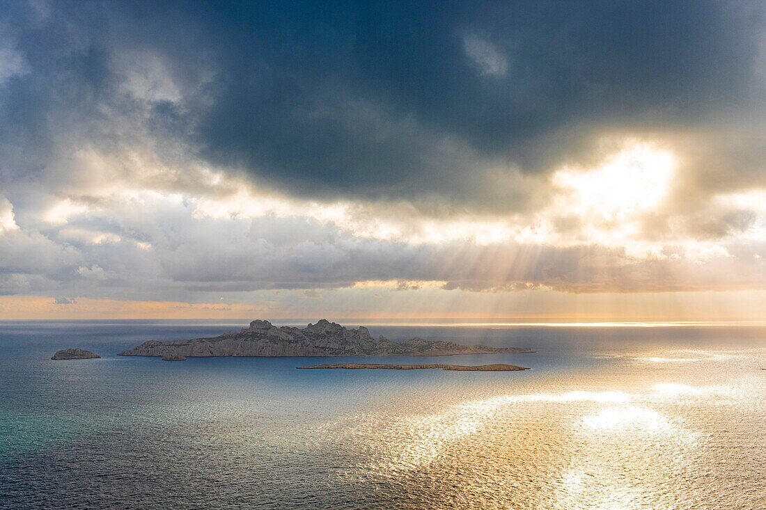 France, Bouches du Rhone, Marseille, Calanques National Park, Riou archipelago on a stormy day