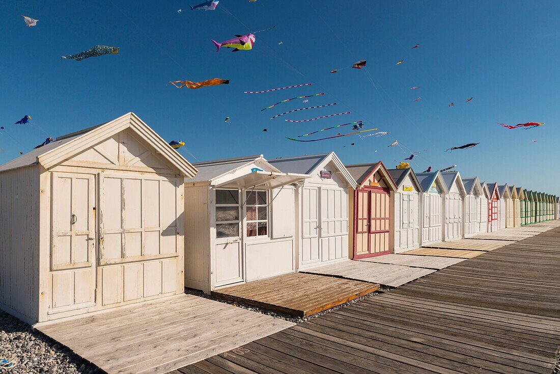 France, Somme, Baie de Somme, Cayeux-sur-mer, Festival of kites along the path of boards and beach huts