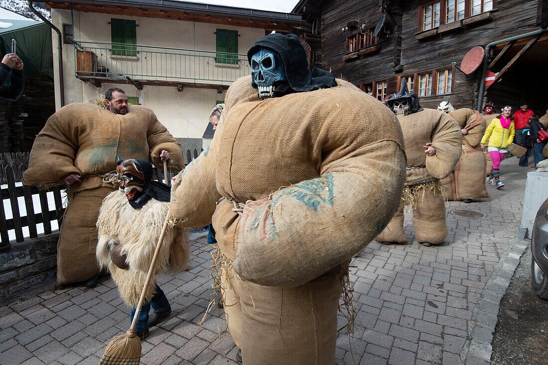 Switzerland, Valais, Evolene valley, Evolene, Carnaval with the Empailles and the Peluches who come from Pagan rites and go around the villages to frighten the bad spirits of winter