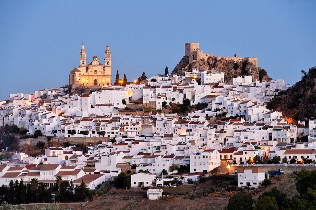 Spain, Andalucia, Cadiz province, white village of Olvera, the Church of Our Lady of the Incarnation and the Arabic fortress