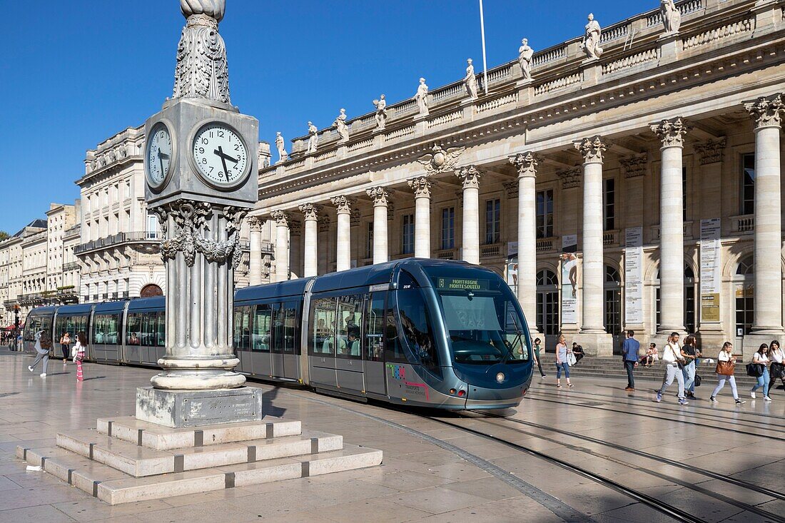 France, Gironde, Bordeaux, area classified as World Heritage by UNESCO, the Golden Triangle, Quinconces district, Place de la Comédie, TBM network tram in front of the Grand-Théâtre, built by architect Victor Louis from 1773 to 178