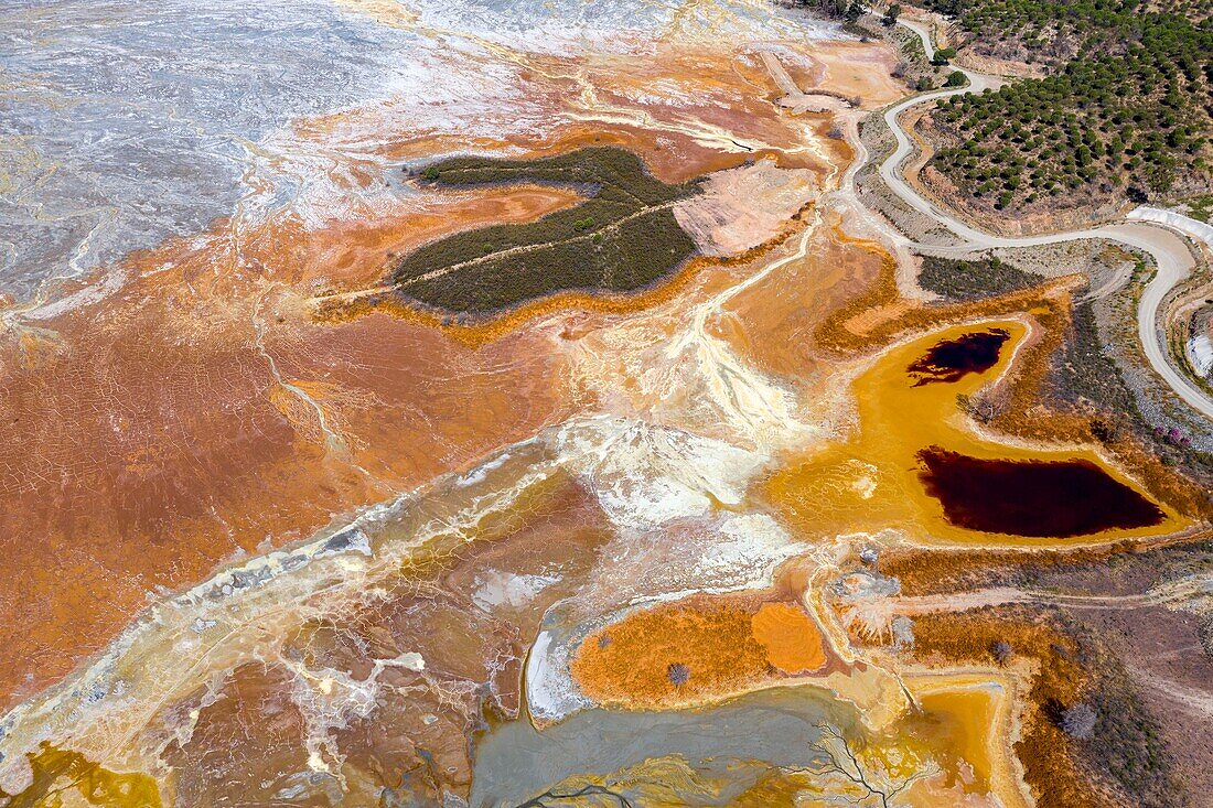 Spain, Andalucia, province of Huelva, embalse de Gossán from a drone machine, Rio Tinto