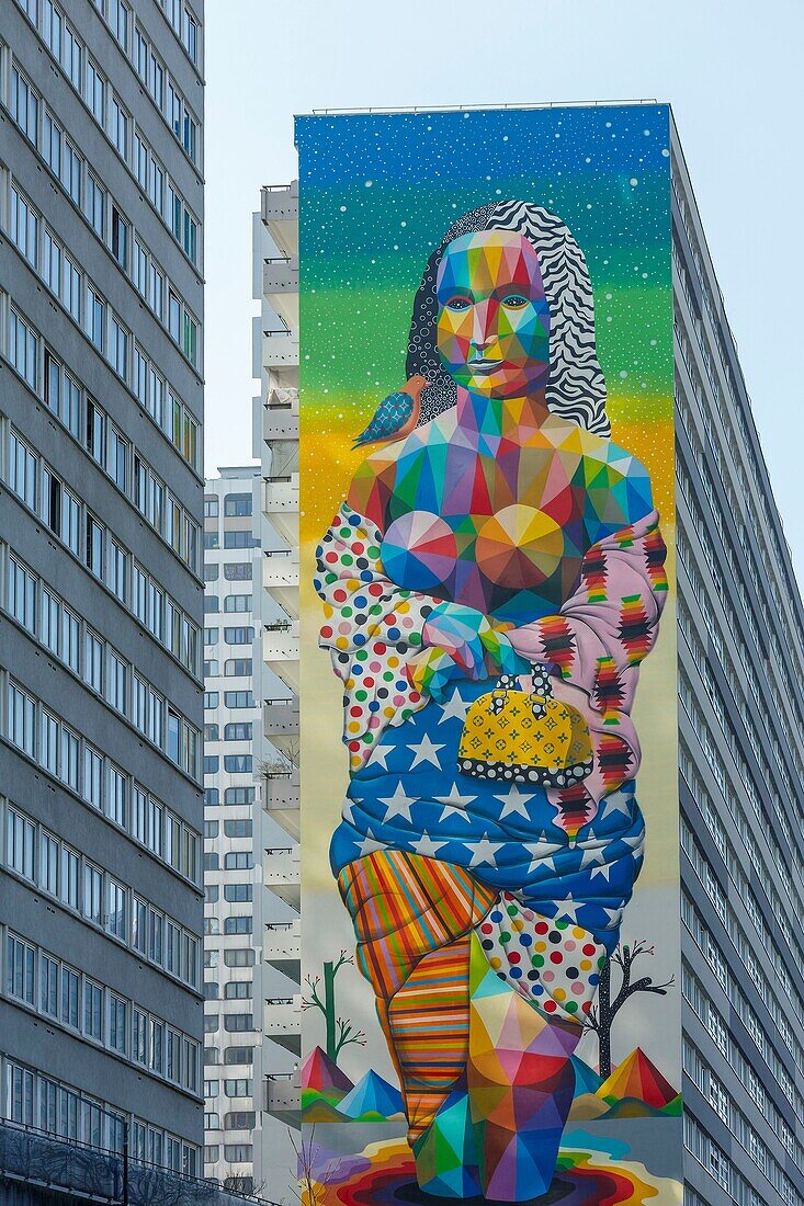 France, Paris, mural on the facade of an apartment building called Mona Lisa by street artist Okuda San Miguel in Avenue d'Ivry