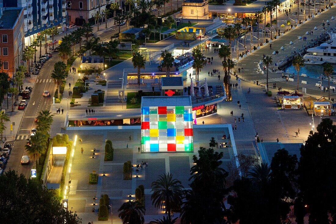 Spain, Andalusia, Costa del Sol, Malaga, the waterfront on the port, The Pompidou Art Centre the Cube by Daniel Buren