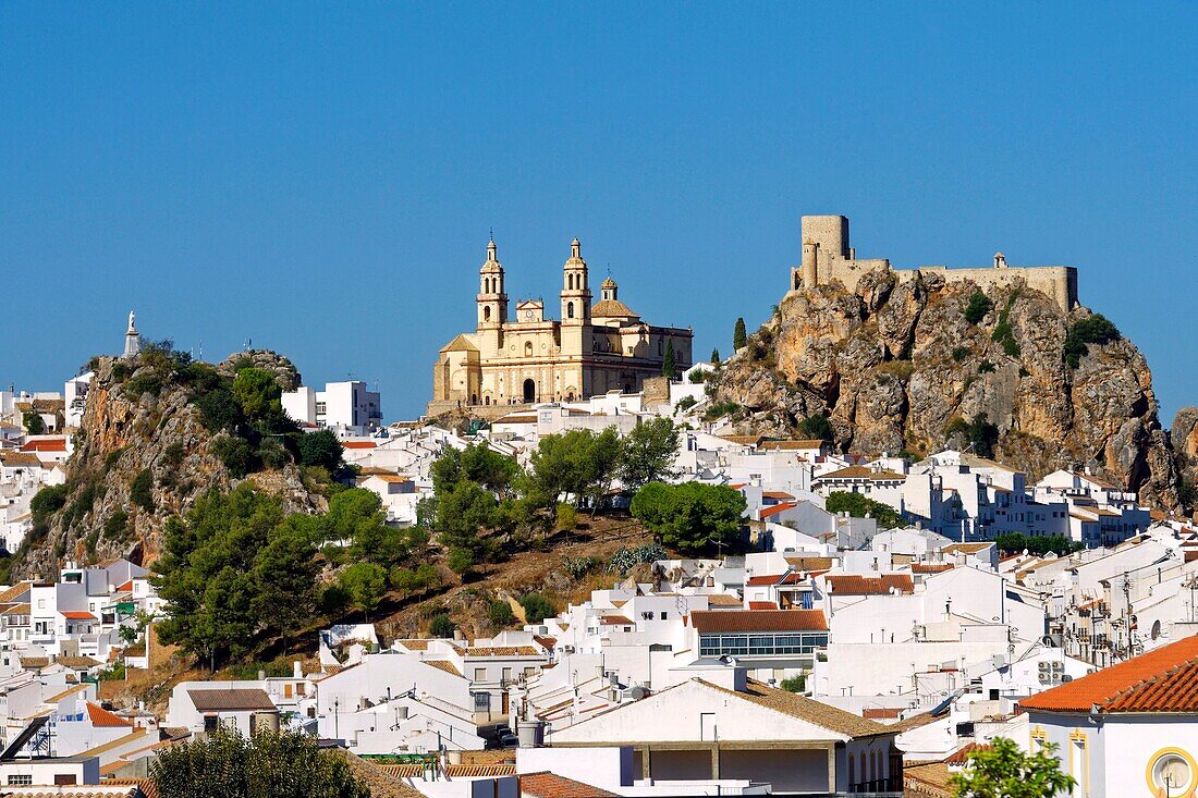 Spain, Andalucia, Cadiz province, white village of Olvera, the Church of Our Lady of the Incarnation and the Arabic fortress