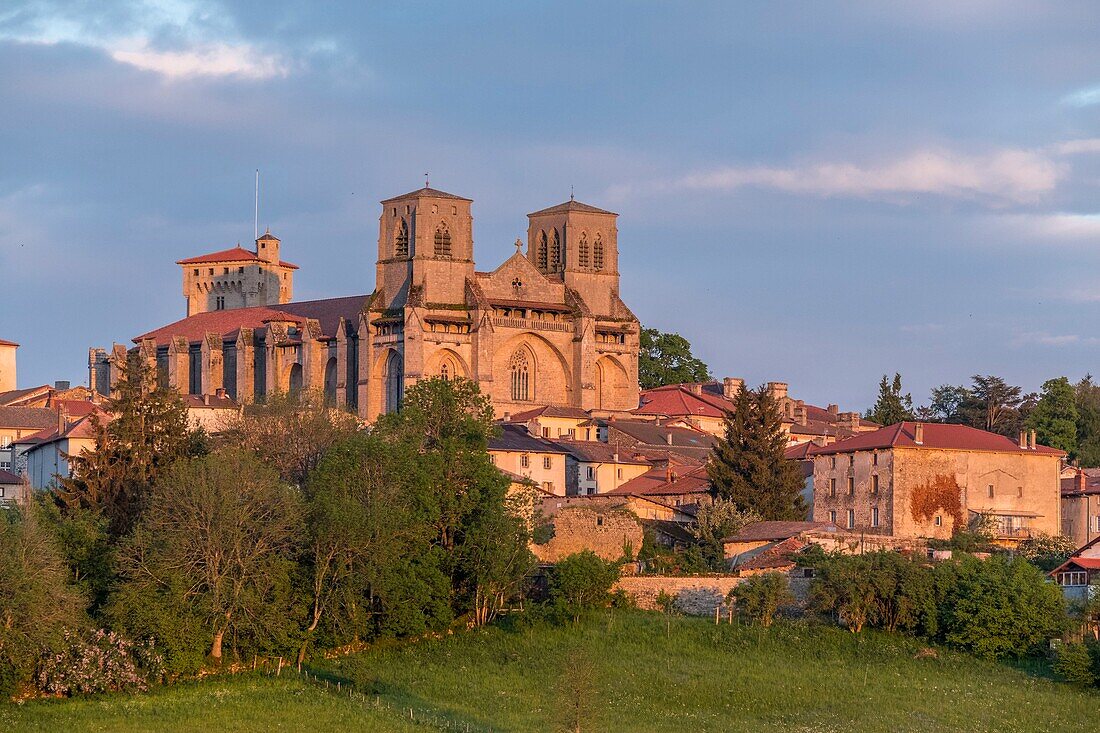 France, Haute Loire, La Chaise Dieu, Saint Robert abbey at sunset, Parc naturel régional Livradois-Forez, Livradois Forez Regional Natural Park