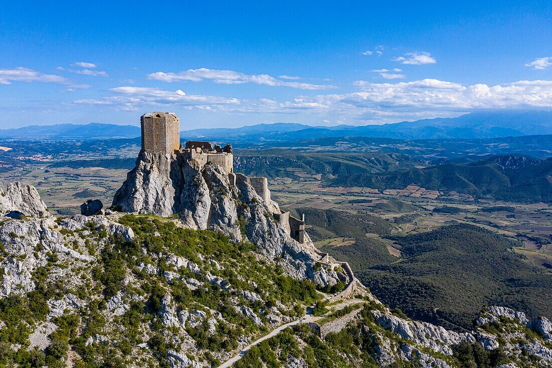 France, Aude, cathare castle of Quéribus, from a drone machine