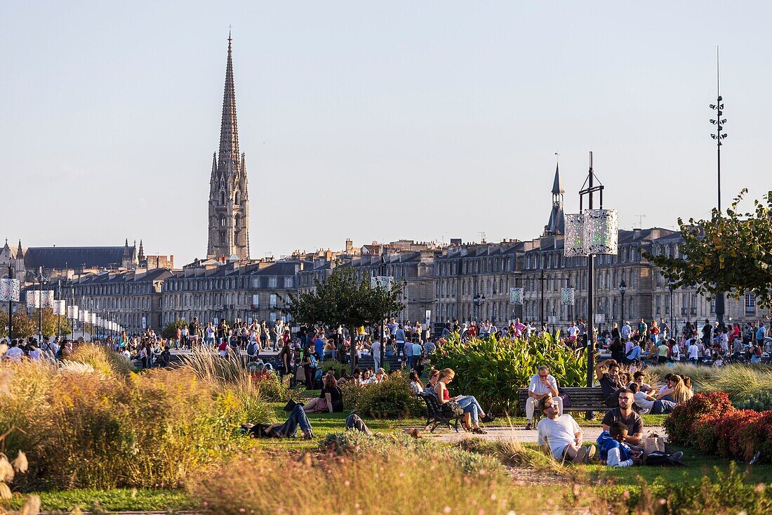 Frankreich,Gironde,Bordeaux,von der UNESCO zum Weltkulturerbe erklärtes Gebiet,Bordeaux,Quai Louis XVIII,im Hintergrund der Turm der Basilika Saint-Michel in Bordeaux