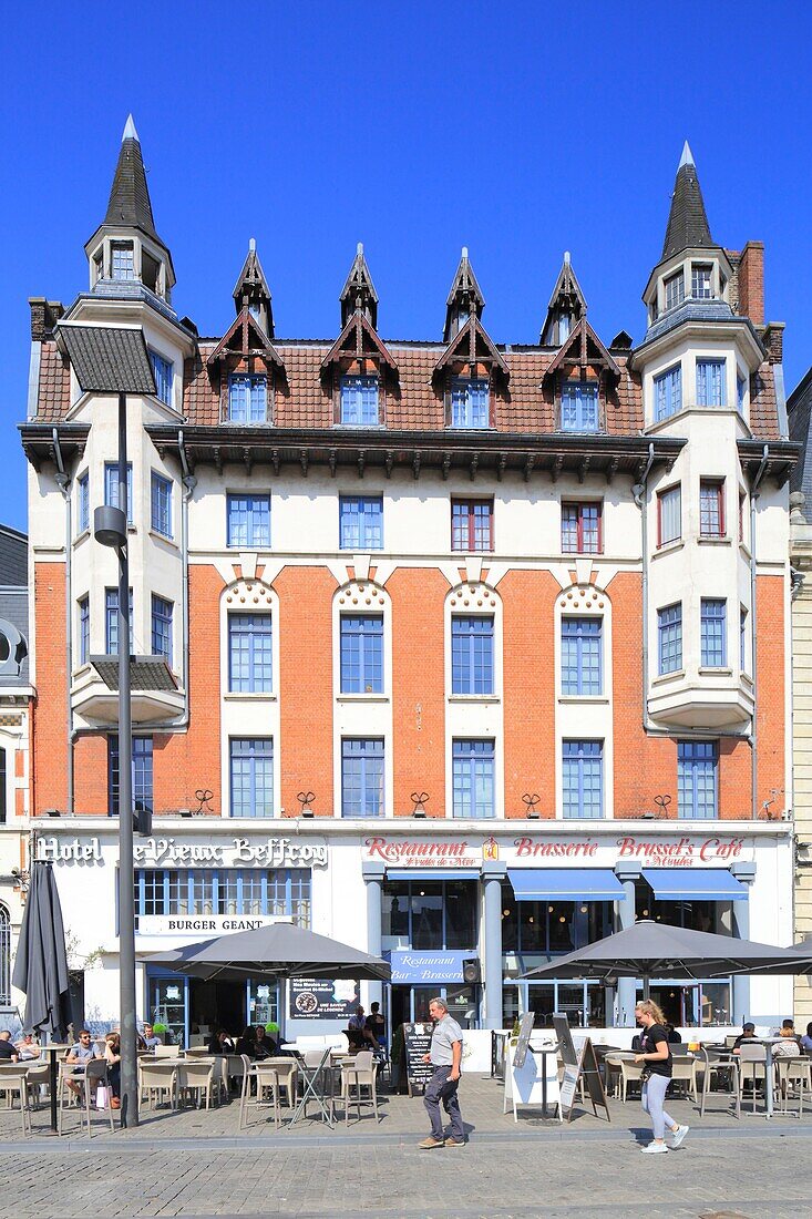 France, Pas de Calais, Bethune, Grand Place, facade of the 1920s of the Hotel Le Vieux Beffroi