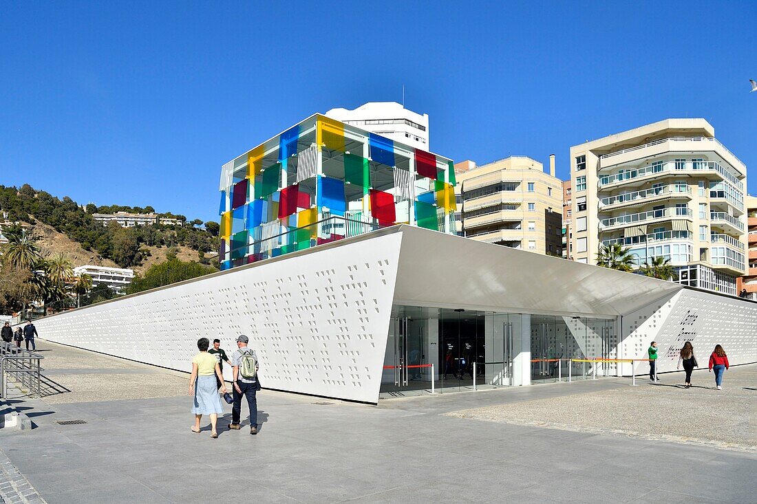 Spain, Andalusia, Costa del Sol, Malaga, the waterfront on the port, The Pompidou Art Centre the Cube by Daniel Buren