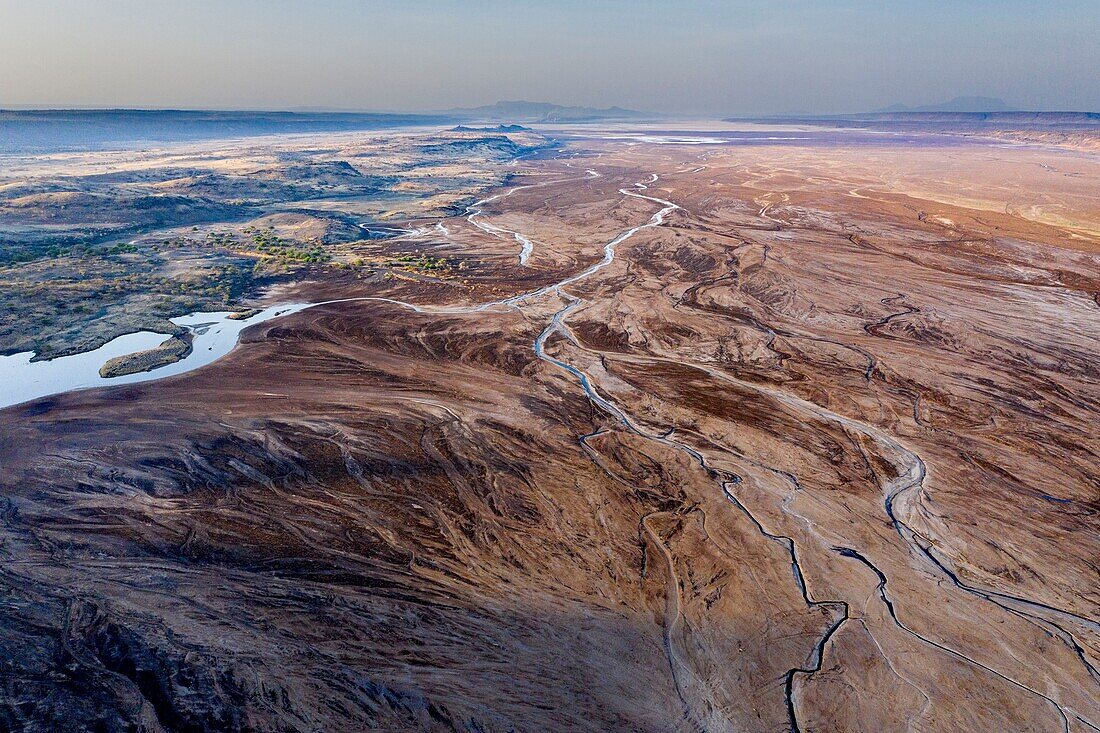 Kenya, Rift valley at the lake Magadi, at sunrise (aerial view)