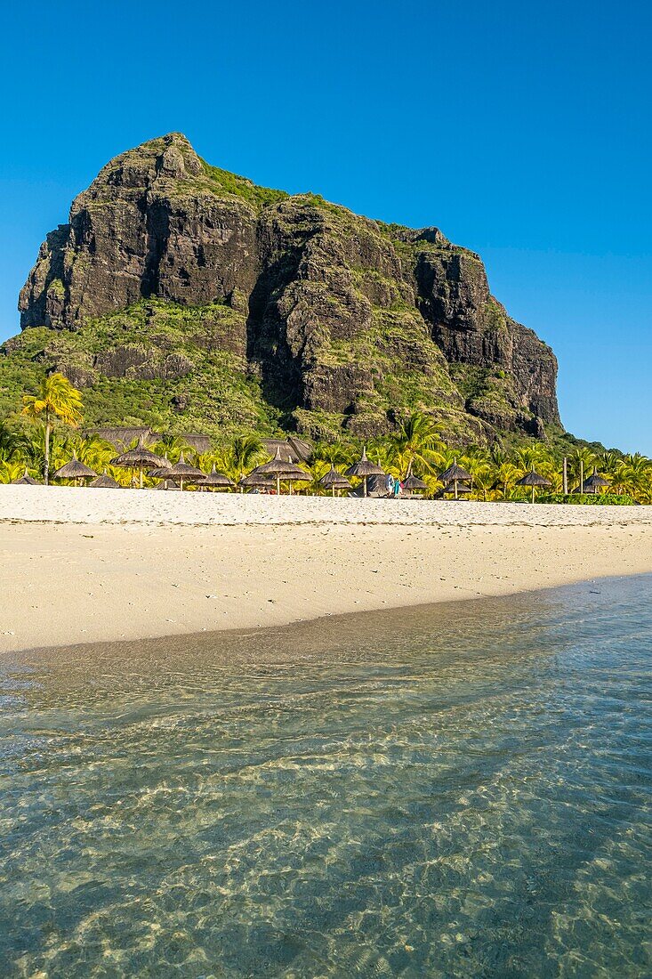 Mauritius, Riviere Noire district, Morne beach in front of Dinarobin Beachcomber Golf Resort & Spa luxury hotel and Morne Brabant listed as World Heritage by UNESCO