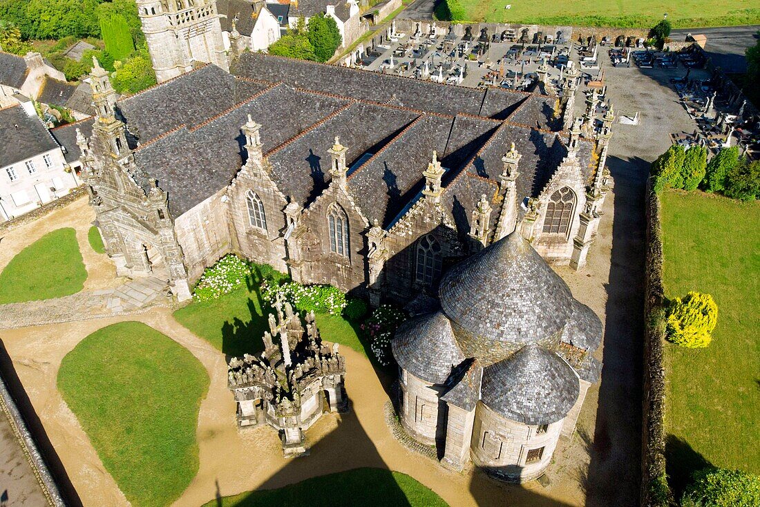 France, Finistere, Guimiliau, parish enclosure, the church, the calvary and the ossuary (aerial view)