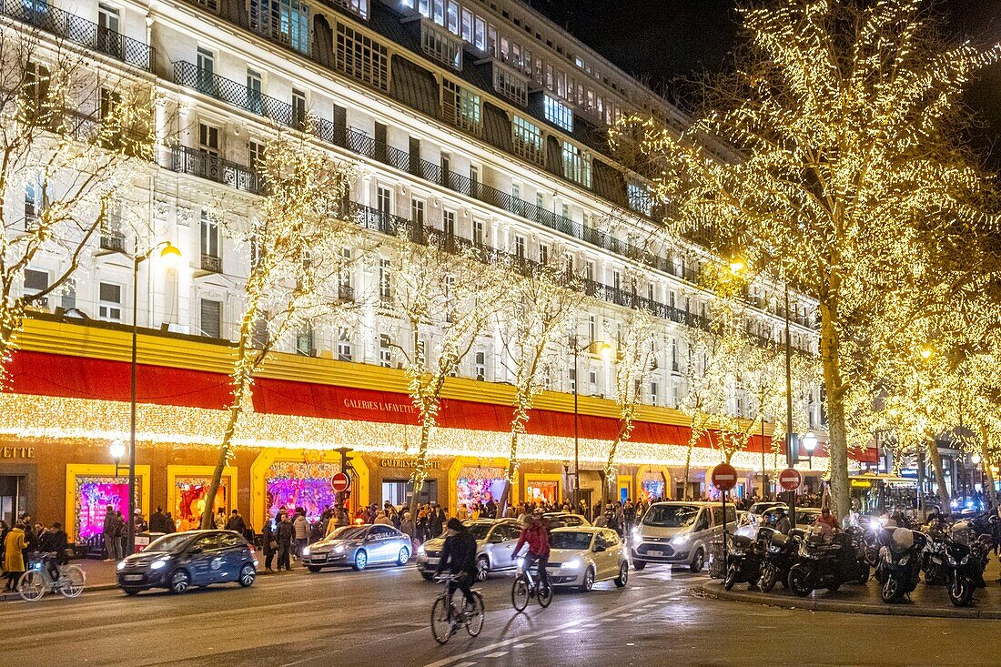 France, Paris, Grands Magasins district, Boulevard Haussmann with Christmas lights