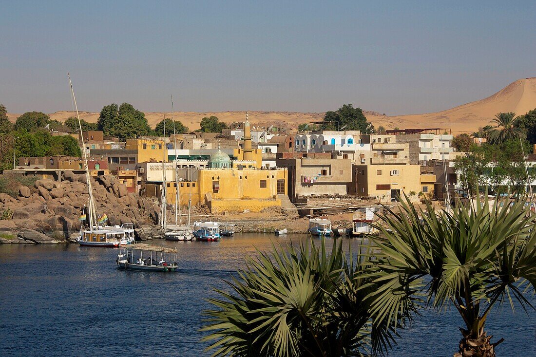 Ägypten,Oberägypten,Assuan,Dorf am linken Nilufer mit seiner ockerfarbenen Moschee,Häusern mit Flachdach und Vegetation