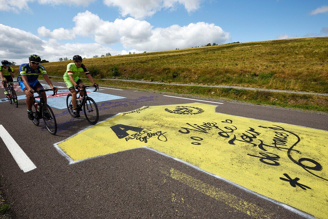 France, Territoire de Belfort, Ballon d Alsace, summit, painted road, after the passage of the Tour de France cyclist, July 2019, bicycles