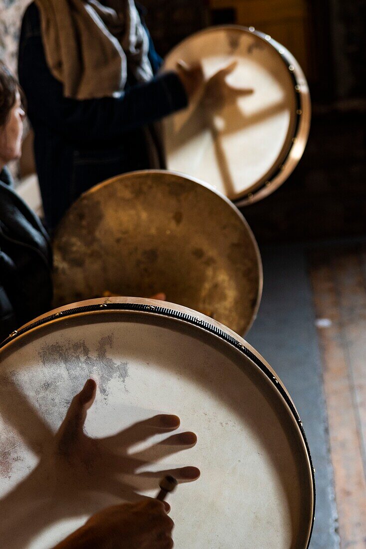 Ireland, Meath County, Navan area, Causey Farm, pedagogical farm, school of celtic drum tambourine