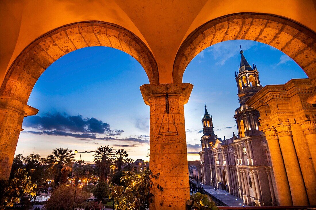 Peru, Arequipa, or White City, registered World Heritage site by UNESCO, colonial center, Plaza de Armas and Notre Dame Cathedral