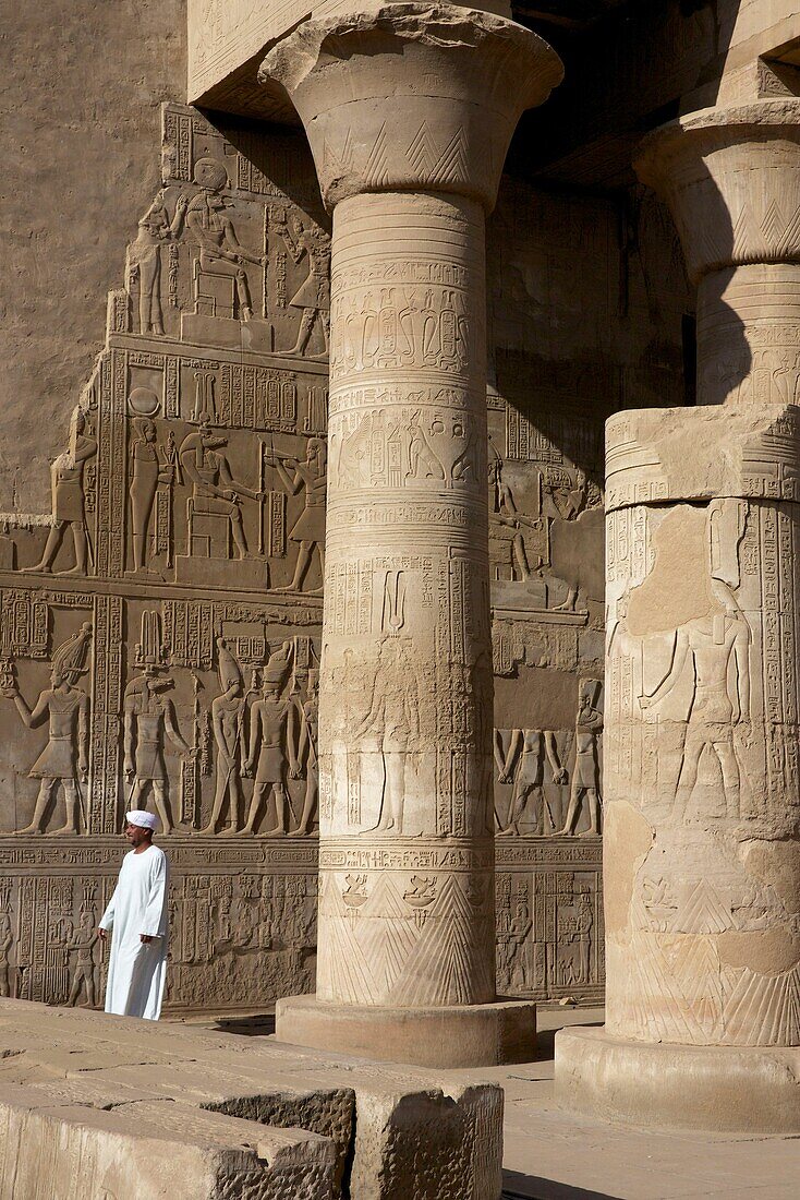 Egypt, Upper Egypt, Nile Valley, Kom Ombo, guardian temple turbaned in front of a column and a wall adorned with bas-reliefs in the temple of Kom Ombo