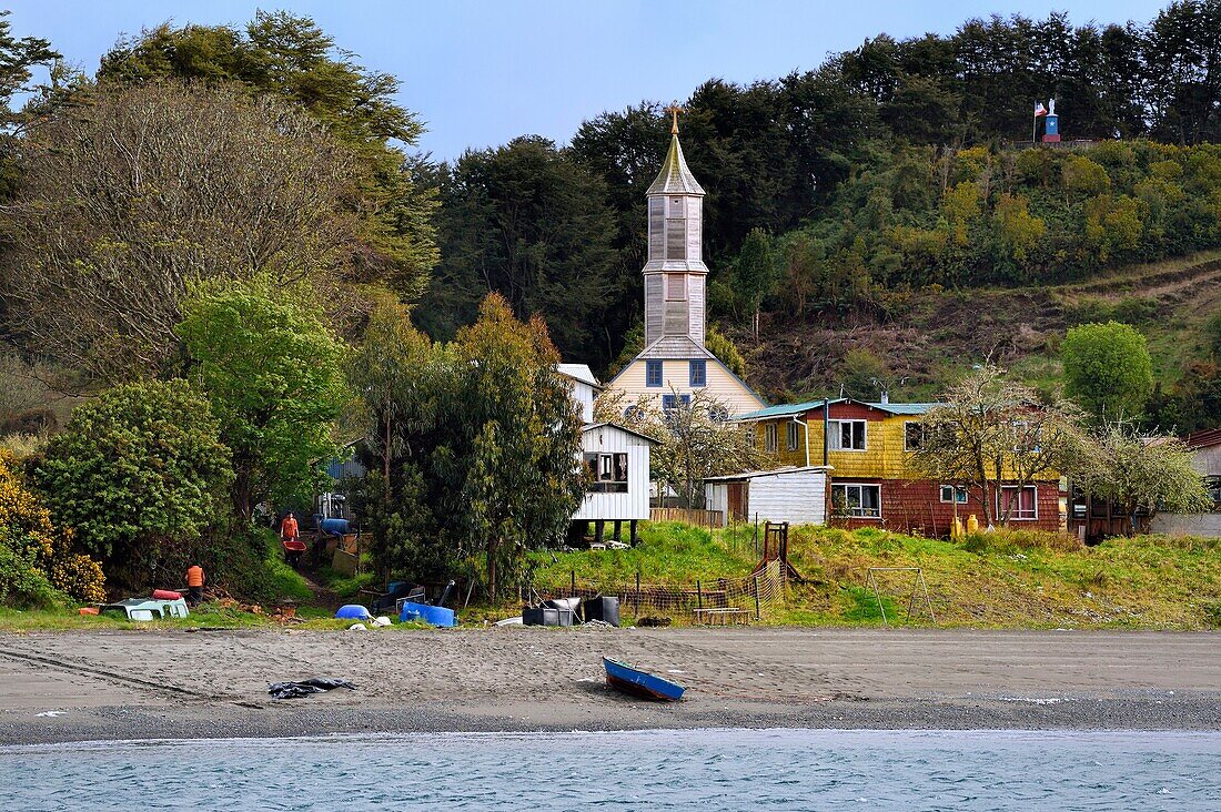 Chile, Los Lagos region, archipelago of Chiloe, Chelin island, Iglesia Nuestra Senora del Rosario (Church of Our Lady of the Rosary) listed as World heritage by UNESCO