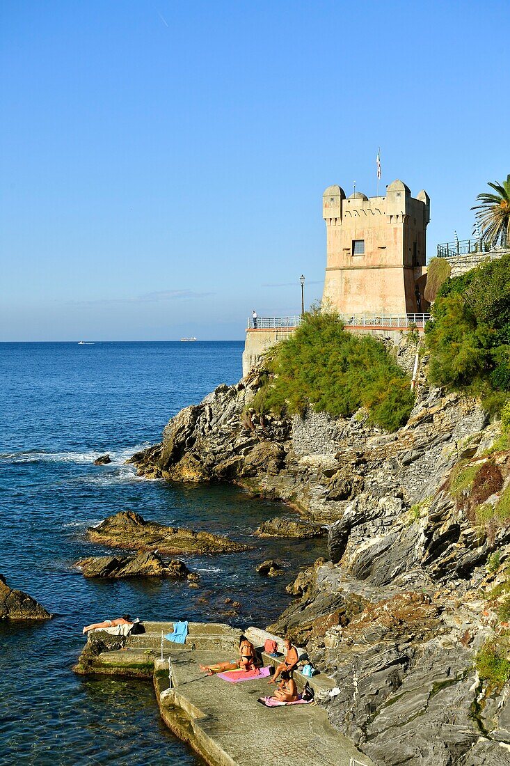 Italy, Liguria, Genoa, Nervi, genoese tower (Torre Gropallo) on the coastal promenade, the Passeggiata Anita Garibaldi