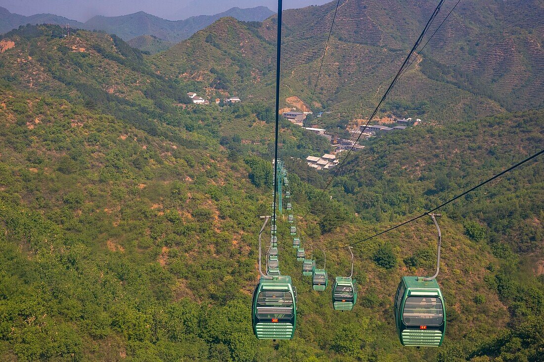 China, Hebei Province, the Great Wall of China between Jinshanling and Simatai built in 1570 during the Ming Dynasty, classified as World Heritage by UNESCO, cable car to reach the Great Wall