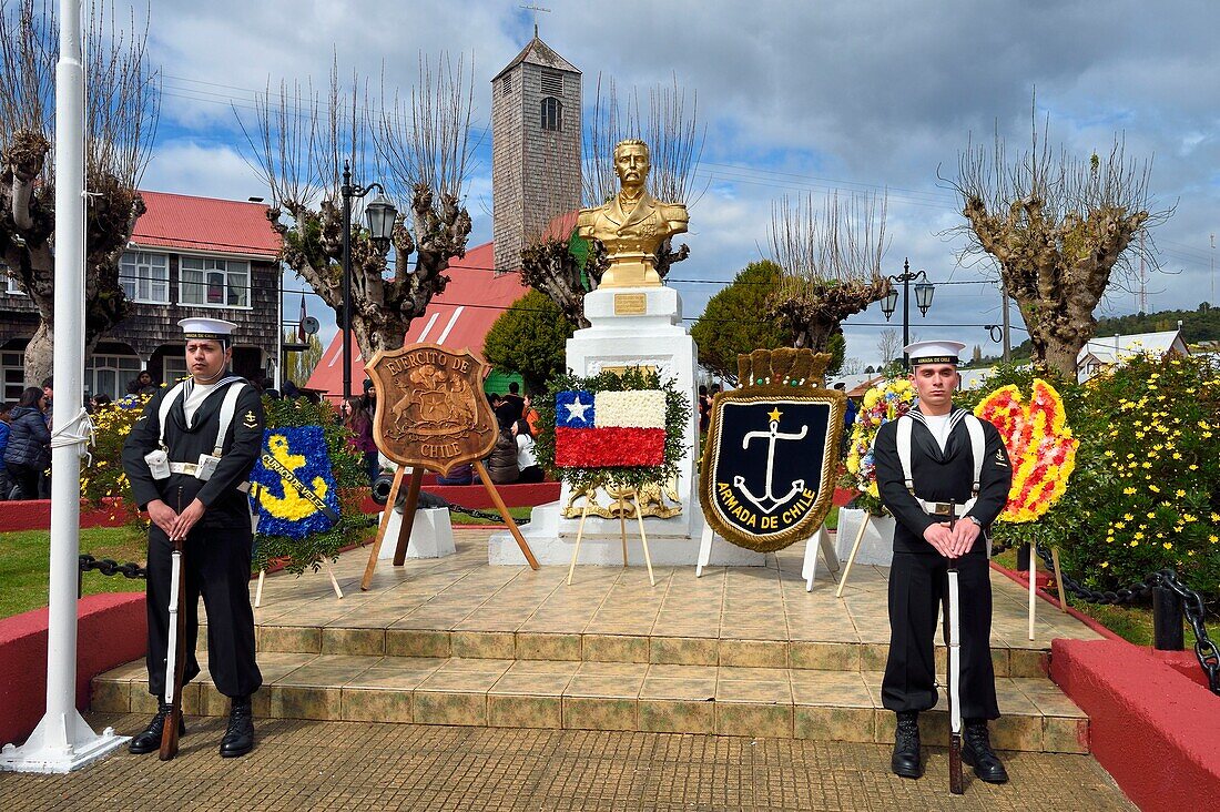 Chile, Los Lagos region, archipelago of Chiloe, Quinchao Island, Curaco de Velez, the small town celebrates his greatest hero Rear Admiral Galvarino Riveros Cardenas