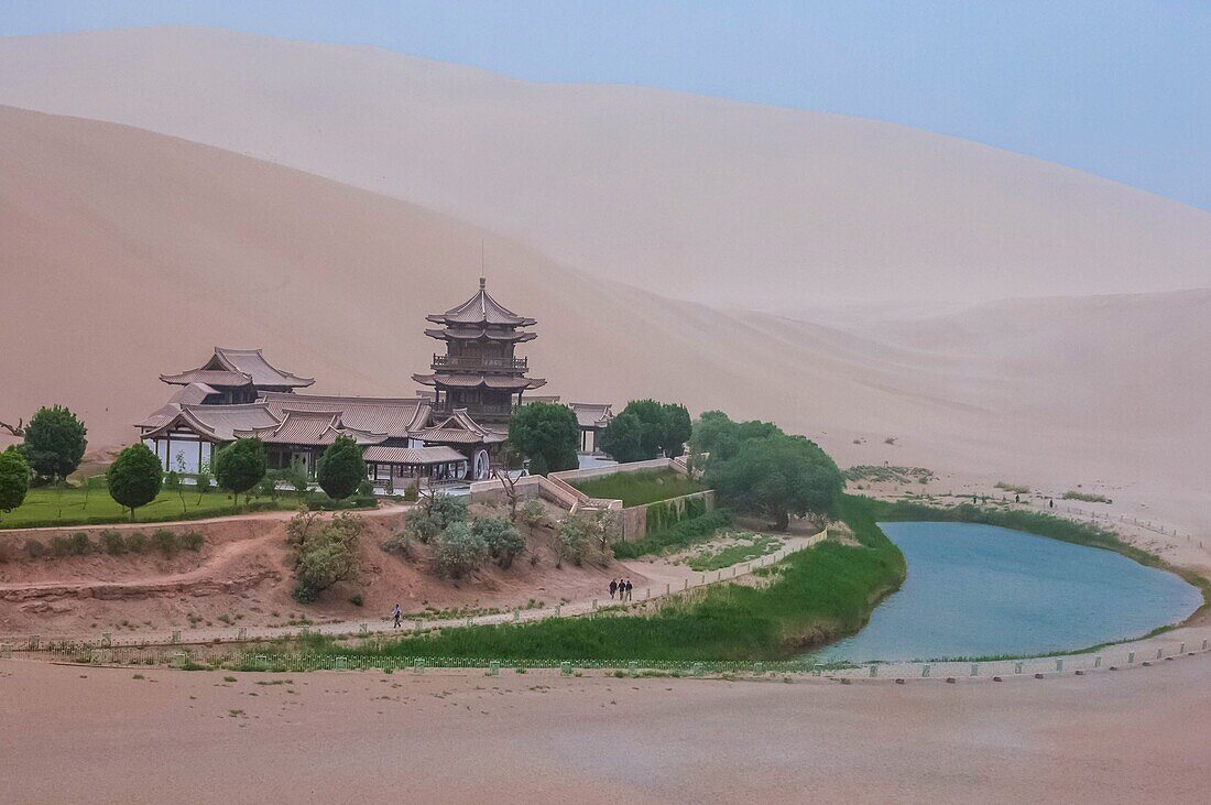 China, Gansu province, Dunhuang, Mingsha sand dunes, Yueyaquan temple, or of the moon crescent