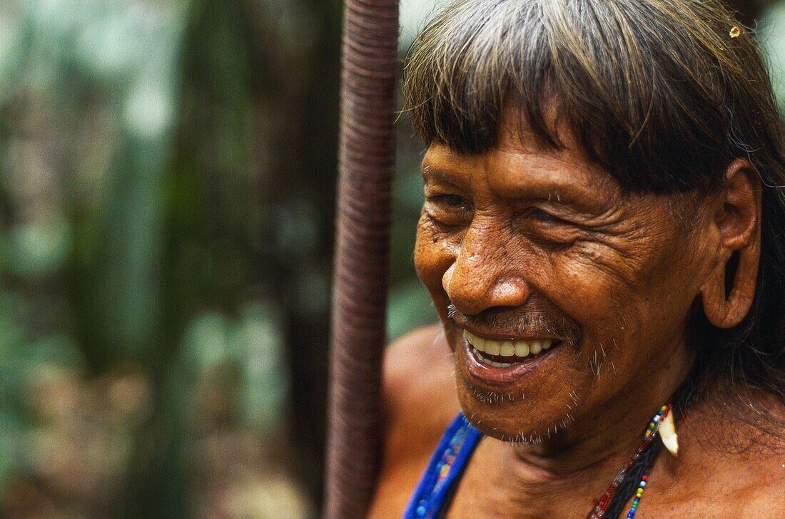 Ecuador, Orellana, Rio Cononaco, Portrait, the Huaorani are one of the last two tribes of hunter-gatherers who live in the heart of the rainforest of Ecuador