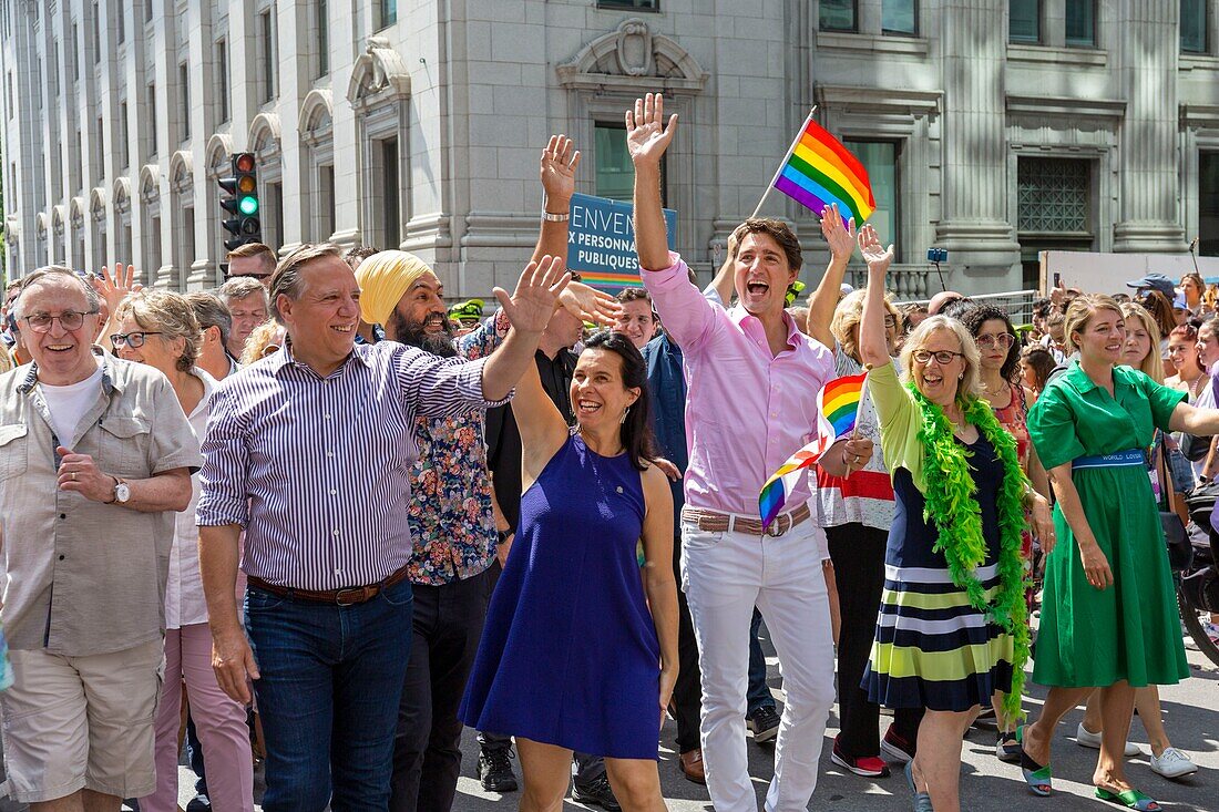 Kanada,Provinz Quebec,Montreal,Montreal Pride Festival,Abschlussparade,LGBTQIA+-Gemeinschaft ((lesbisch,schwul,bisexuell,trans,queer,intersexuell,asexuell)),kanadische Politiker François Legault (Premierminister Quebec),Valérie Plante (Bürgermeisterin von Montreal),Justin Trudeau (Premierminister Kanada),Elysabeth May (Grüne Partei Kanada),Jagmeet Singh (Vorsitzender der NDP),Mélanie Joly (Ministerin Kanada)