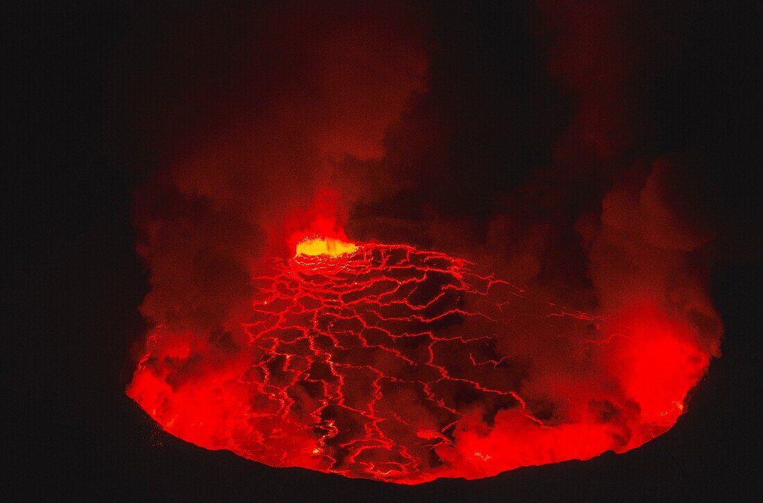 Congo, North Kivu, Nyiragongo Volcano, Eruption of Nyiragongo volcano, one of the three volcanoes in the world with a lava lake