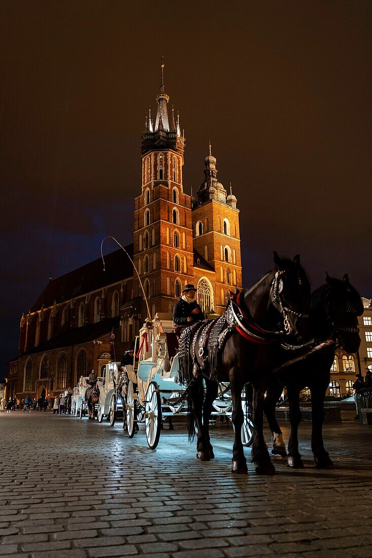 Poland, Voïvodie Lesser Poland, Krakow, Stare Miasto district, World Heritage Site, Old Town, Basilica of Our Lady of Krakow (XIV), horse drawn carriages