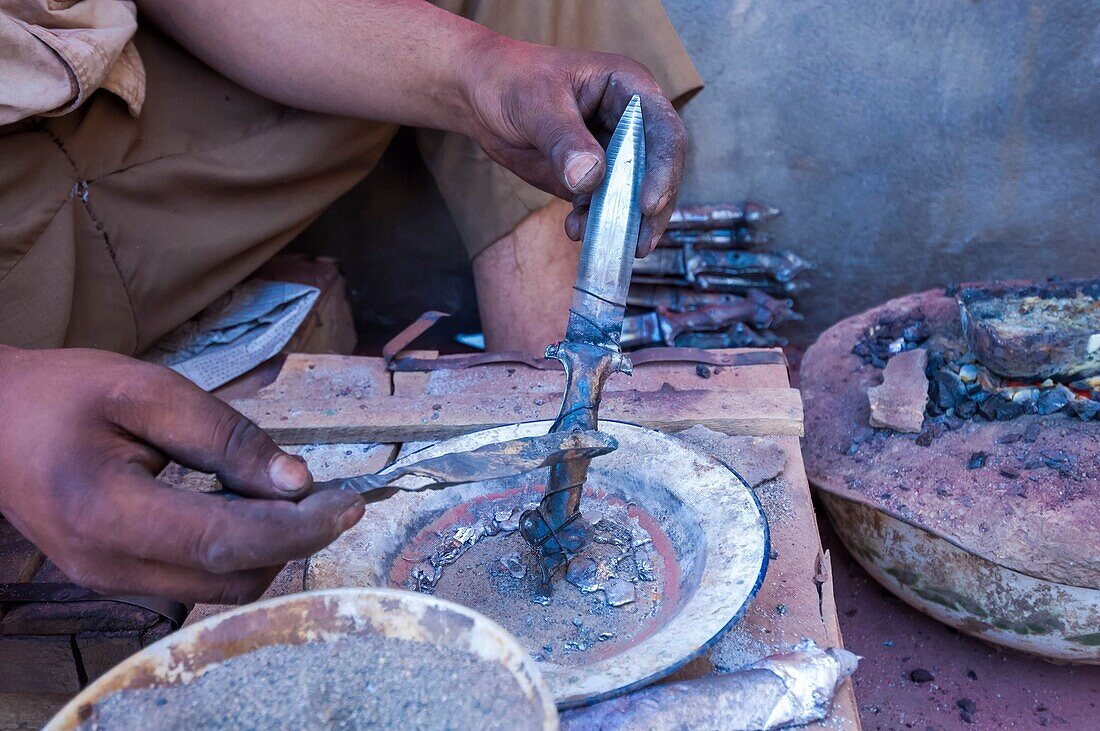 China, Xinjiang autonomous region, Yengisar, workshops producing traditional Uighur daggers and knives, handle decoration