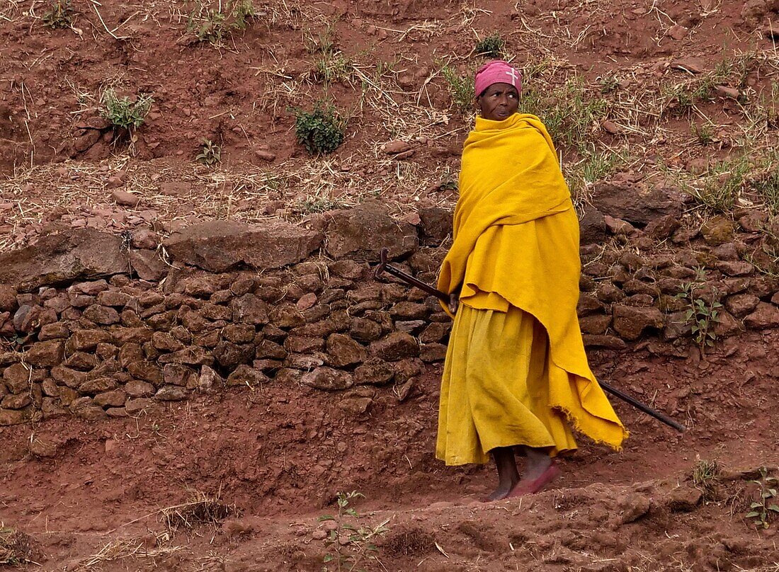 Ethiopia, Amhara region, nun walking in the gardens of Lalibela churches