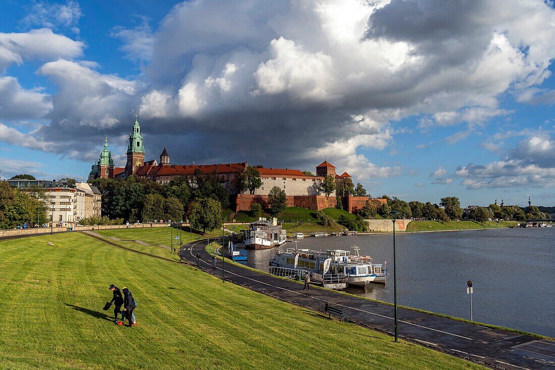 Poland, Voïvodie Lesser Poland, Krakow, Stare Miasto district, classified World Heritage by UNESCO, the Vistula and the Old Town, overlooking the hill and the castle of Wawel and its cathedral above the Vistula