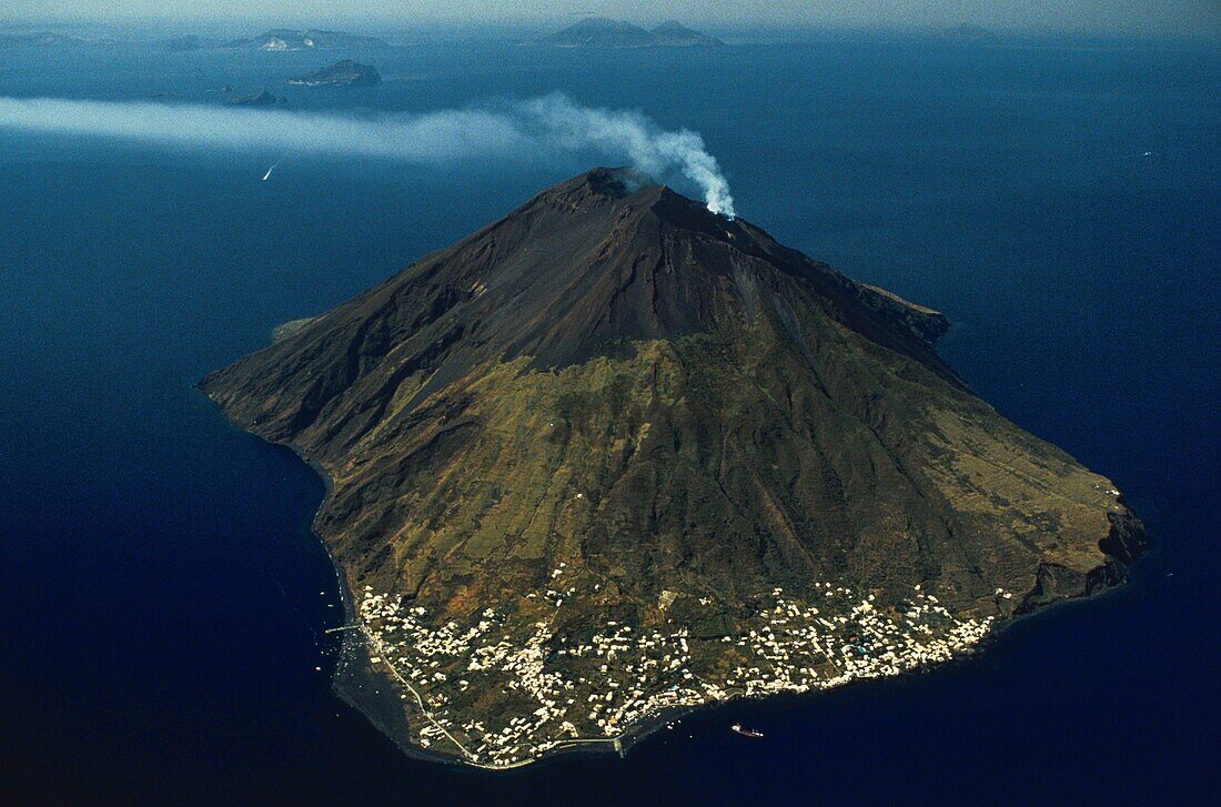 Italy, Aeolian Islands, Stromboli, Stromboli island from the sky (aerial view)