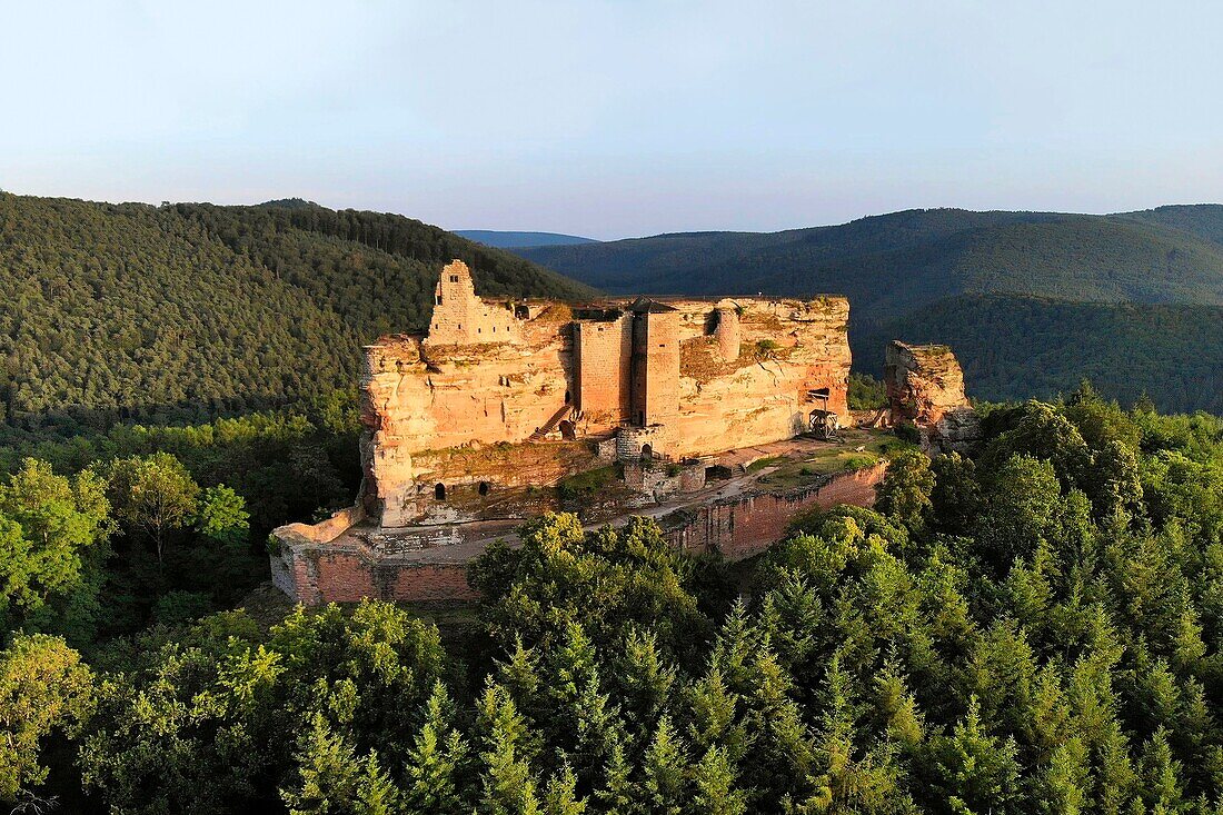 France, Bas Rhin, Parc Naturel Regional des Vosges du Nord (Northern Vosges Regional Natural Park, Lembach, Fleckenstein castle ruins dated 12th century (aerial view)