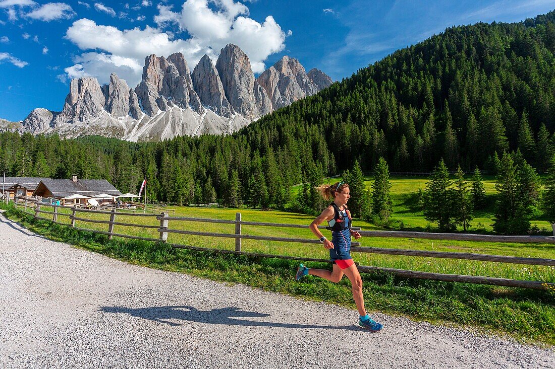 Italy, Trentino-Alto Adige, South Tyrol, Val di Funes, Massif of the Dolomites classified as World Heritage by UNESCO, group of Dolomites of Puez Odle (Puez Geisler), woman practicing running