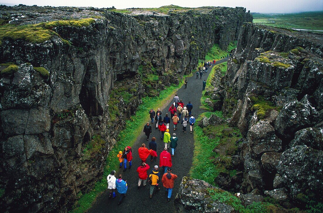 Iceland, Suburland, Thingvellir Gorge is a majestic natural amphitheater where once stood the Viking Parliament, known as the Althing