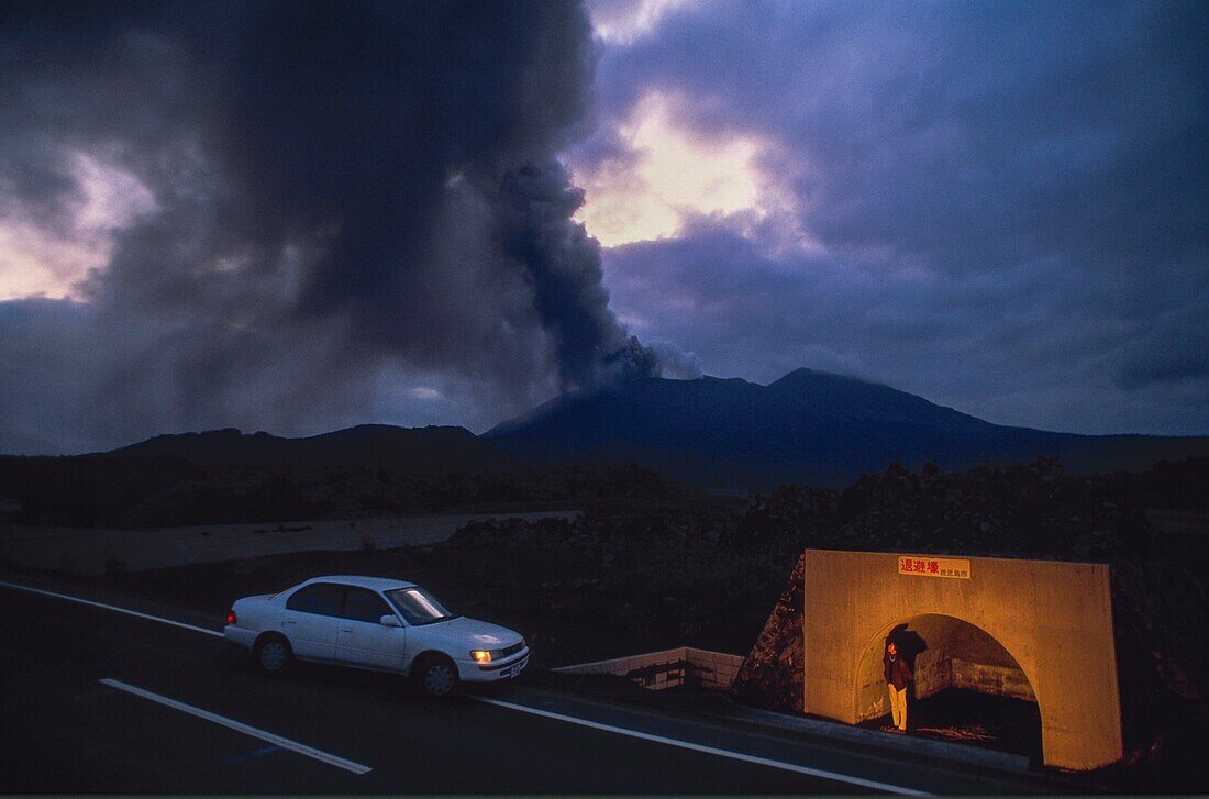 Japan, Kyushu, Kagoshima, Many shelters were built on the roads around the volcano in case of eruption