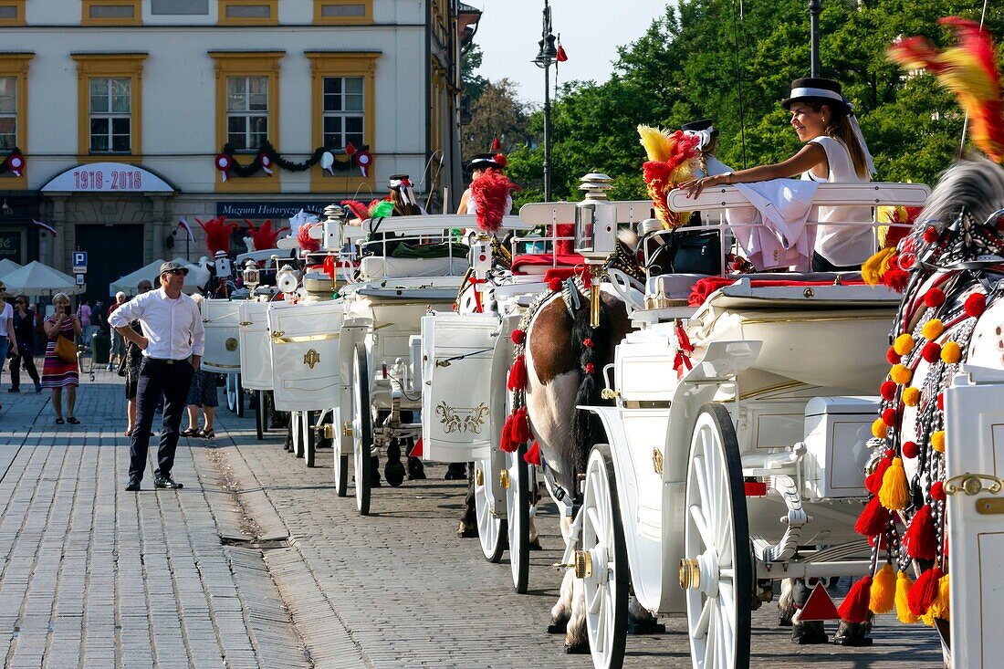 Poland, Voïvodie Lesser Poland, Krakow, Stare Miasto district, World Heritage Site, Old Town, market place, horse drawn carriages